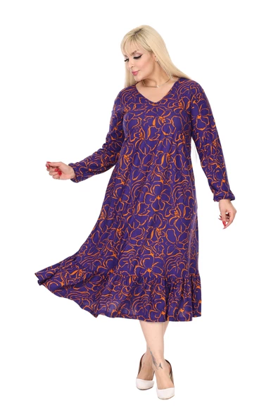 Melsay Butik Kışlık Robalı Yumoş Uzun Kollu Mor Çiçek Desenli Elbise - Resim 4