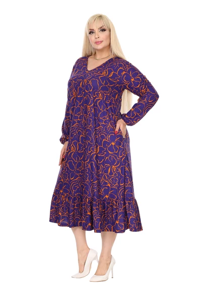 Melsay Butik Kışlık Robalı Yumoş Uzun Kollu Mor Çiçek Desenli Elbise - Resim 2