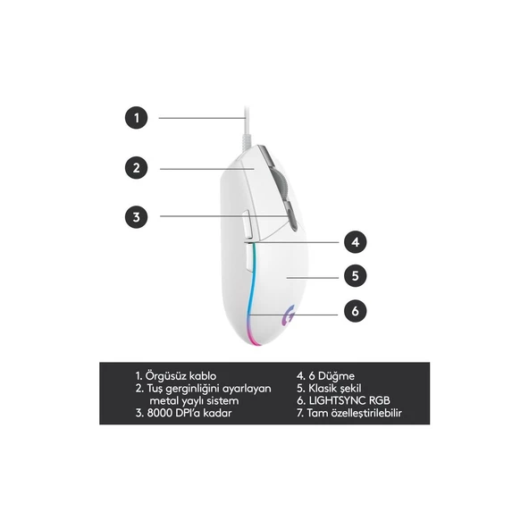 Logitech G102 Lightsync RGB Mouse Beyaz 910-005824 - 6
