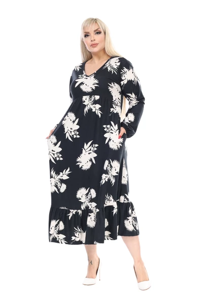 Melsay Butik Kışlık Robalı Yumoş Uzun Kollu Siyah Beyaz Yaprak Desenli Elbise - 2