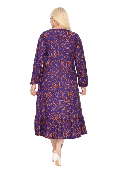 Melsay Butik Kışlık Robalı Yumoş Uzun Kollu Mor Çiçek Desenli Elbise - Resim 6