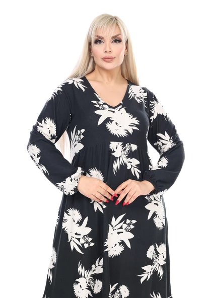 Melsay Butik Kışlık Robalı Yumoş Uzun Kollu Siyah Beyaz Yaprak Desenli Elbise - 3