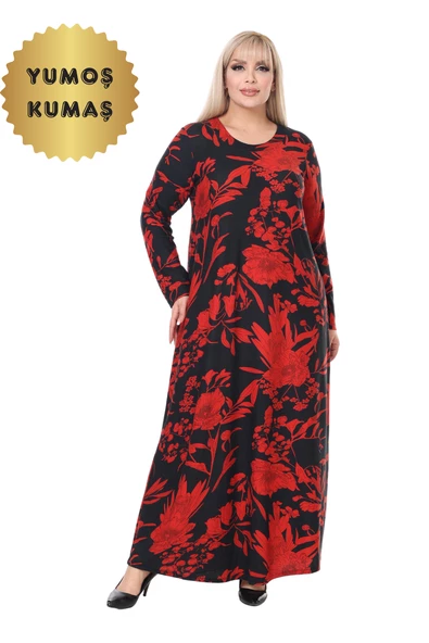 Melsay Butik Yumoş Kumaş Kırmızı Tropik Desen Uzun Kollu Kadın Tesettür Elbise - 1