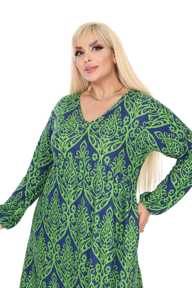 Melsay Butik Kışlık Robalı Yumoş Uzun Kollu Yeşil Dantel Desenli Elbise - 6