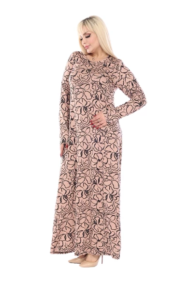 Melsay Butik Yumoş Kumaş Somon Çiçek Desen Uzun Kollu Kadın Tesettür Elbise - 3
