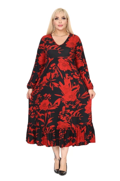 Melsay Butik Kışlık Robalı Yumoş Uzun Kollu Kırmızı Yaprak Desenli Cepli Elbise - Resim 2