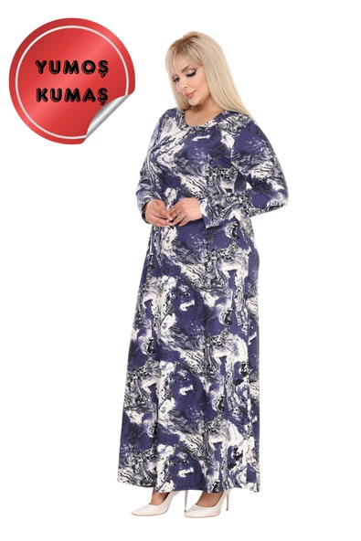 Melsay Butik Yumoş Kumaş Mavi Batik Desen Uzun Kollu Kadın Tesettür Elbise - 1