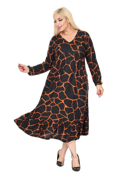 Melsay Butik Kışlık Robalı Yumoş Uzun Kollu Siyah Taş Desenli Elbise - Resim 3