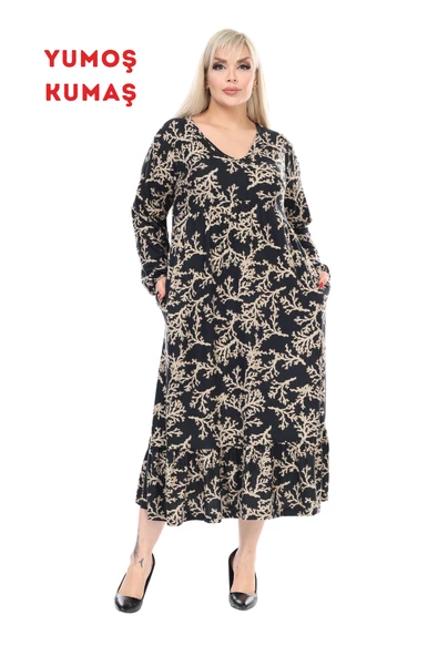 Melsay Butik Kışlık Robalı Yumoş Uzun Kollu Vizon Mercan Desenli Elbise ürün görseli