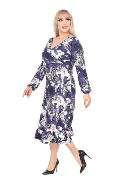 Melsay Butik Yumoş Kumaş Kruvaze Yaka Mavi Batik Desen Eteği Fırfırlı Midi Elbise - 5
