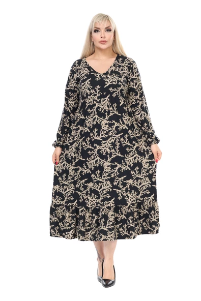 Melsay Butik Kışlık Robalı Yumoş Uzun Kollu Vizon Mercan Desenli Elbise - Resim 4