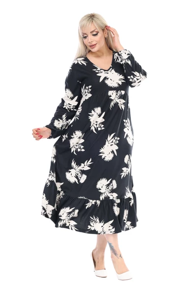 Melsay Butik Kışlık Robalı Yumoş Uzun Kollu Siyah Beyaz Yaprak Desenli Elbise - 4