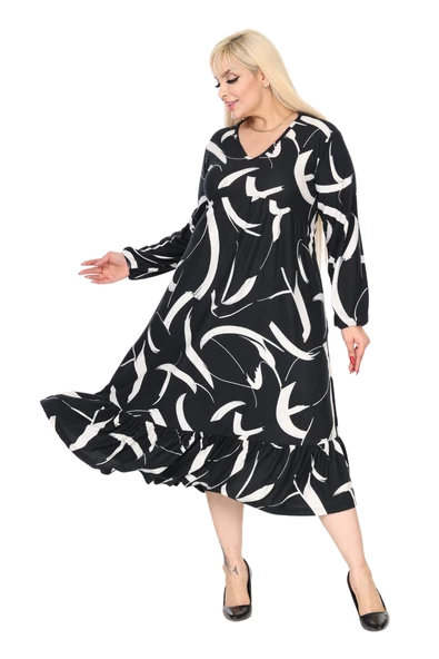 Melsay Butik Kışlık Robalı Yumoş Uzun Kollu Siyah Beyaz Tüy Desenli Elbise - Resim 5