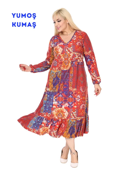 Melsay Butik Kışlık Robalı Yumoş Uzun Kollu Kırmızı Etnik Desen Elbise - 1