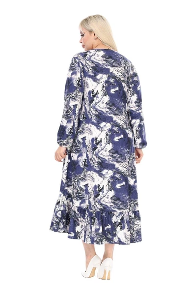 Melsay Butik Kışlık Robalı Yumoş Uzun Kollu Mavi Batik Desenli Cepli Elbise - 6