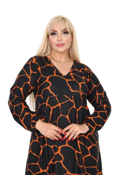 Melsay Butik Kışlık Robalı Yumoş Uzun Kollu Siyah Taş Desenli Elbise - Resim 5