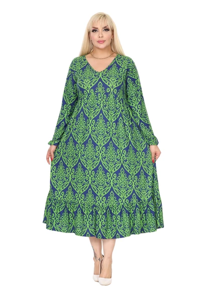 Melsay Butik Kışlık Robalı Yumoş Uzun Kollu Yeşil Dantel Desenli Elbise - 3