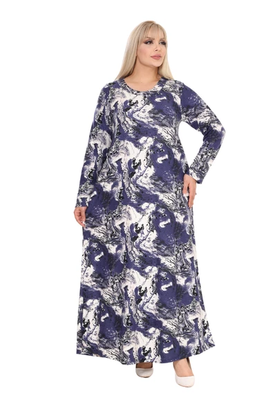 Melsay Butik Yumoş Kumaş Mavi Batik Desen Uzun Kollu Kadın Tesettür Elbise - 4
