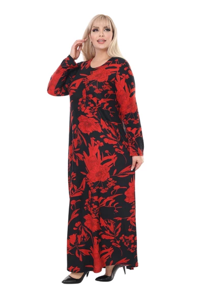 Melsay Butik Yumoş Kumaş Kırmızı Tropik Desen Uzun Kollu Kadın Tesettür Elbise - 2