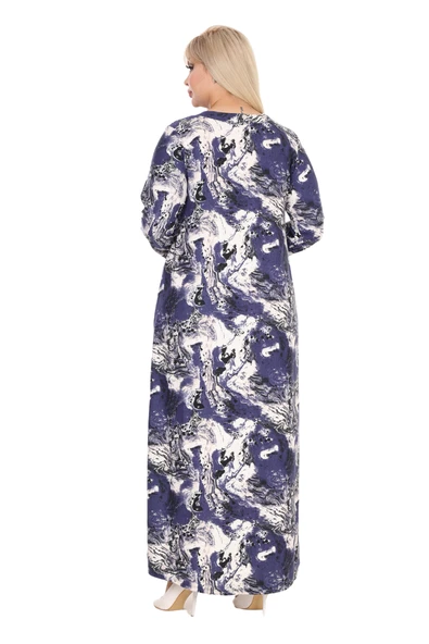 Melsay Butik Yumoş Kumaş Mavi Batik Desen Uzun Kollu Kadın Tesettür Elbise - 6