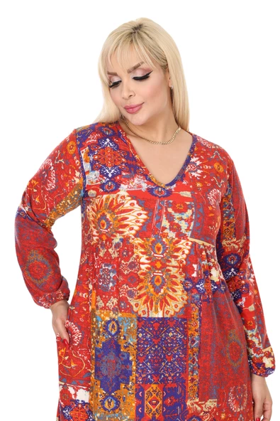 Melsay Butik Kışlık Robalı Yumoş Uzun Kollu Kırmızı Etnik Desen Elbise - 5
