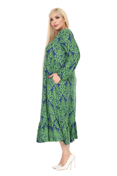 Melsay Butik Kışlık Robalı Yumoş Uzun Kollu Yeşil Dantel Desenli Elbise - 4
