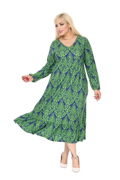 Melsay Butik Kışlık Robalı Yumoş Uzun Kollu Yeşil Dantel Desenli Elbise - 5