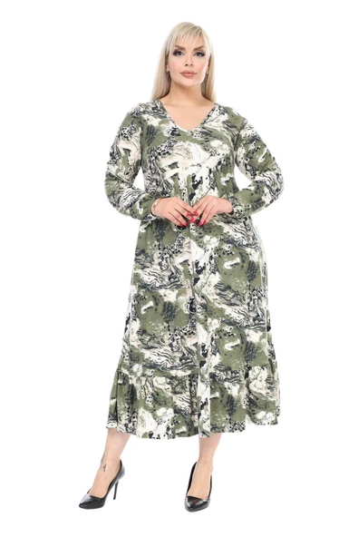 Melsay Butik Kışlık Robalı Yumoş Uzun Kollu Yeşil Batik Desenli Cepli Elbise - Resim 3