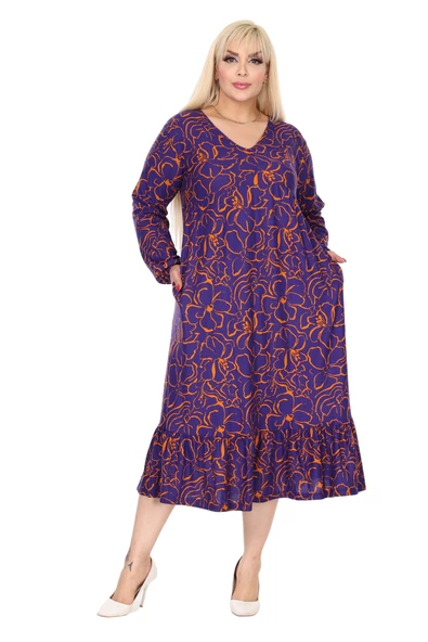 Melsay Butik Kışlık Robalı Yumoş Uzun Kollu Mor Çiçek Desenli Elbise - Resim 3