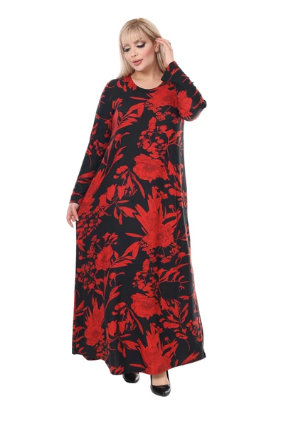 Melsay Butik Yumoş Kumaş Kırmızı Tropik Desen Uzun Kollu Kadın Tesettür Elbise - 4