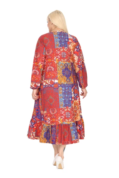 Melsay Butik Kışlık Robalı Yumoş Uzun Kollu Kırmızı Etnik Desen Elbise - 6