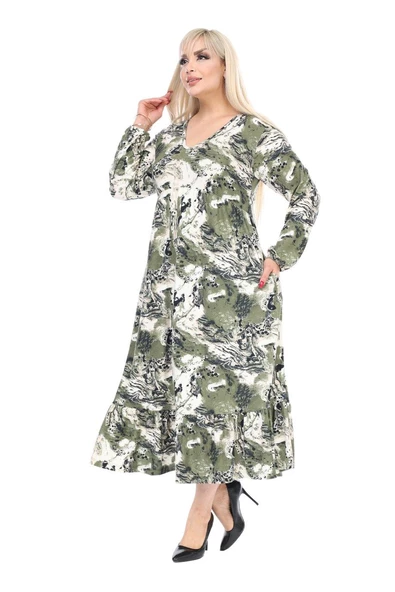 Melsay Butik Kışlık Robalı Yumoş Uzun Kollu Yeşil Batik Desenli Cepli Elbise - Resim 2