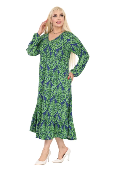 Melsay Butik Kışlık Robalı Yumoş Uzun Kollu Yeşil Dantel Desenli Elbise - 2
