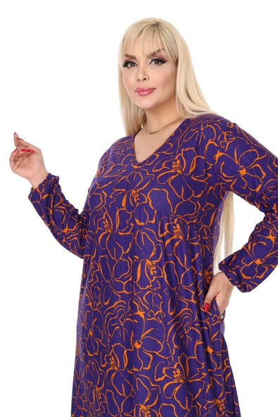 Melsay Butik Kışlık Robalı Yumoş Uzun Kollu Mor Çiçek Desenli Elbise - Resim 5