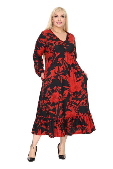 Melsay Butik Kışlık Robalı Yumoş Uzun Kollu Kırmızı Yaprak Desenli Cepli Elbise - Resim 4