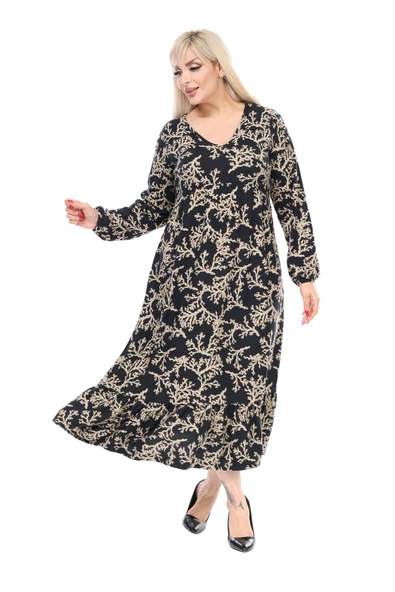 Melsay Butik Kışlık Robalı Yumoş Uzun Kollu Vizon Mercan Desenli Elbise - Resim 2