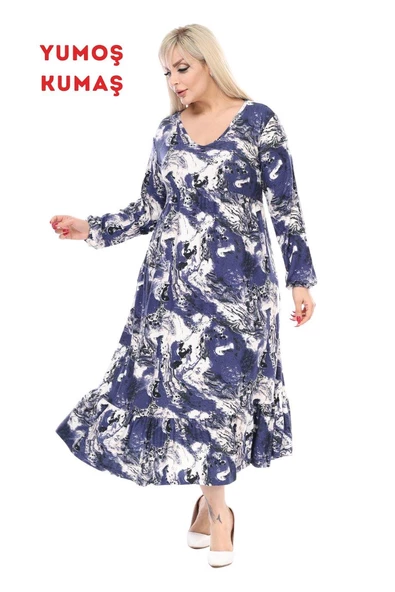 Melsay Butik Kışlık Robalı Yumoş Uzun Kollu Mavi Batik Desenli Cepli Elbise - 1