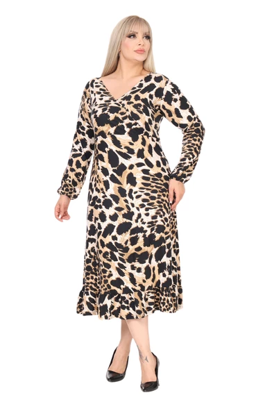 Melsay Butik Yumoş Kumaş Kruvaze Yaka Kaplan Desenli Eteği Fırfırlı Elbise - Resim 2