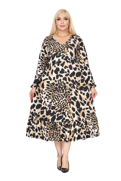 Melsay Butik Kışlık Robalı Yumoş Uzun Kollu Kaplan Desenli Elbise - Resim 3