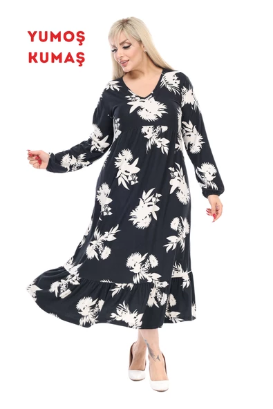 Melsay Butik Kışlık Robalı Yumoş Uzun Kollu Siyah Beyaz Yaprak Desenli Elbise - 1
