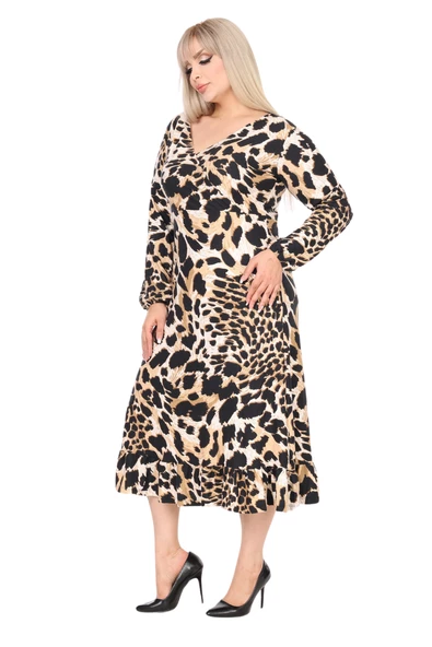 Melsay Butik Yumoş Kumaş Kruvaze Yaka Kaplan Desenli Eteği Fırfırlı Elbise - Resim 3