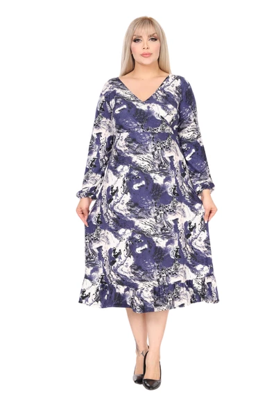 Melsay Butik Yumoş Kumaş Kruvaze Yaka Mavi Batik Desen Eteği Fırfırlı Midi Elbise - 3