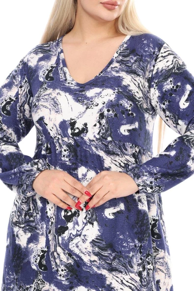 Melsay Butik Kışlık Robalı Yumoş Uzun Kollu Mavi Batik Desenli Cepli Elbise - 5