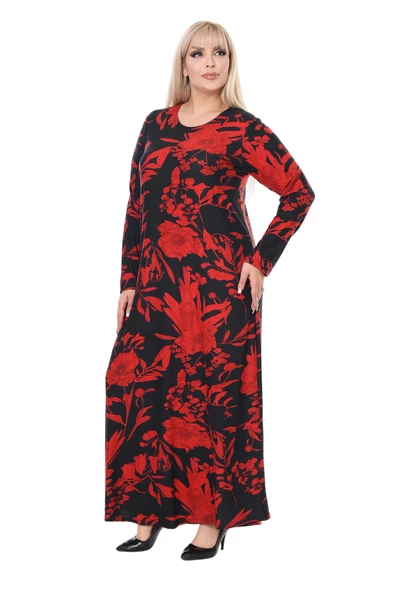 Melsay Butik Yumoş Kumaş Kırmızı Tropik Desen Uzun Kollu Kadın Tesettür Elbise - 3