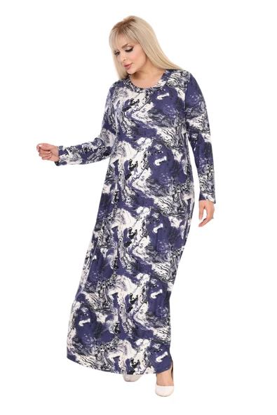 Melsay Butik Yumoş Kumaş Mavi Batik Desen Uzun Kollu Kadın Tesettür Elbise - 3