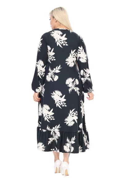 Melsay Butik Kışlık Robalı Yumoş Uzun Kollu Siyah Beyaz Yaprak Desenli Elbise - 6