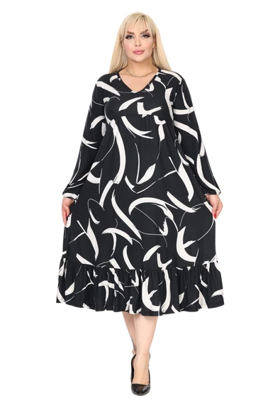 Melsay Butik Kışlık Robalı Yumoş Uzun Kollu Siyah Beyaz Tüy Desenli Elbise - Resim 2