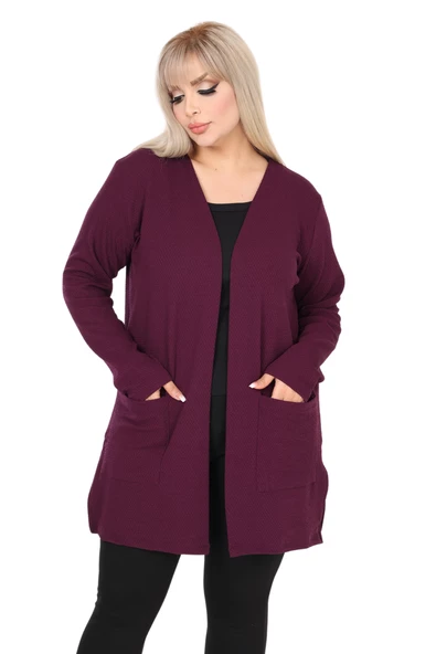 Melsay Butik Kadın Mor Büyük Beden Önü Açık Ceket Yaka Örme Kısa Hırka - 5