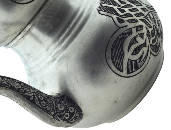 El Işlemeli Desenli Ahşap Saplı Tuğralı Bakır Çaydanlık Gümüş Renk Mod3 - 4