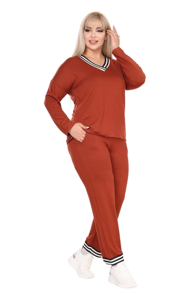 Melsay Butik Tarçın Şerit Detaylı V Yaka Eşofman Takımı - Resim 3